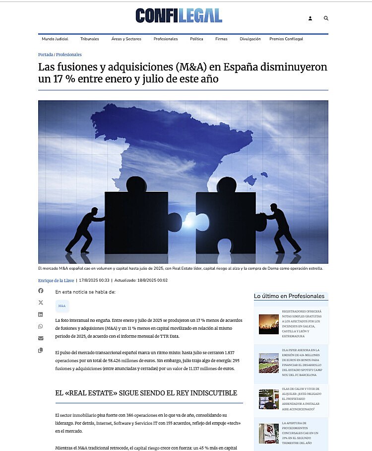 Las fusiones y adquisiciones (M&A) en Espaa disminuyeron un 17 % entre enero y julio de este ao